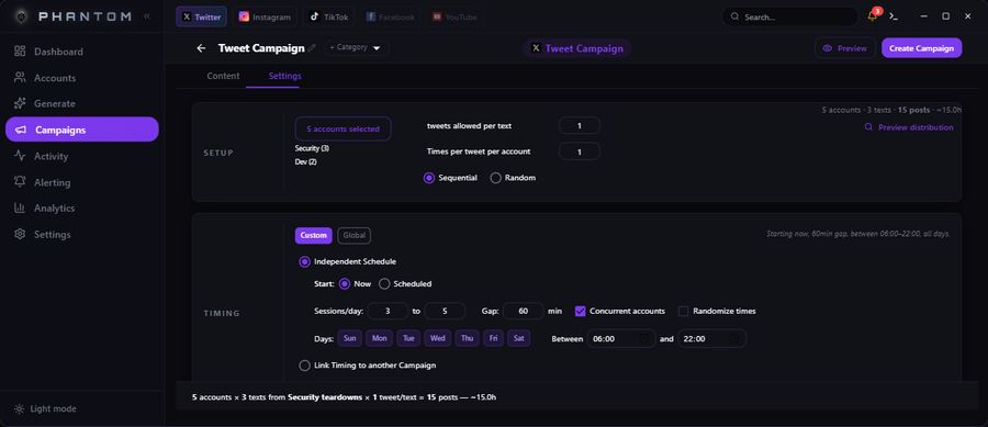 Phantom campaign builder showing setup, timing and advanced settings
